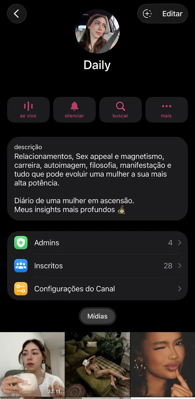 Descrição do canal Daily no Telegram: relacionamentos, sex appeal e magnetismo, carreira, autoimagem, filosofia, manifestação. Diário de uma mulher em ascensão. Meus insights mais profundos.